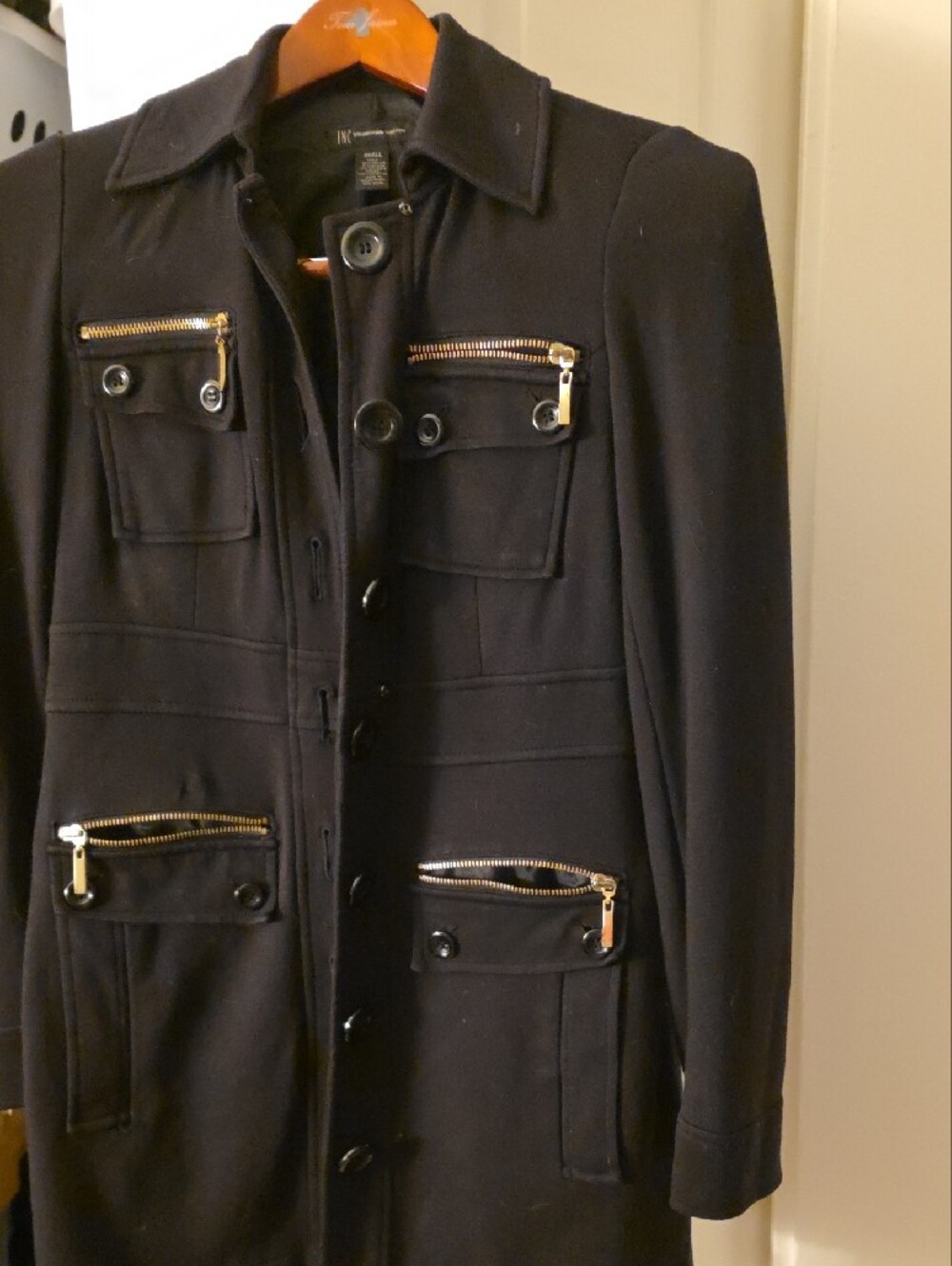 INC International Concepts Black Military-Style Pea Coat with Gold Zippers - Picture 3 of 9